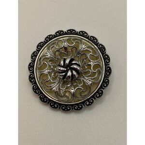 Vintage W. Germany Filigree Silver & Black Round Brooch Pin With Scalloped Edge